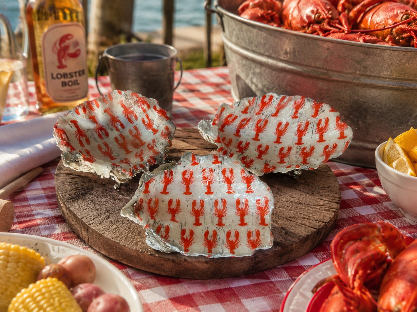 Three oyster shell trinket dishes with red lobster patterns