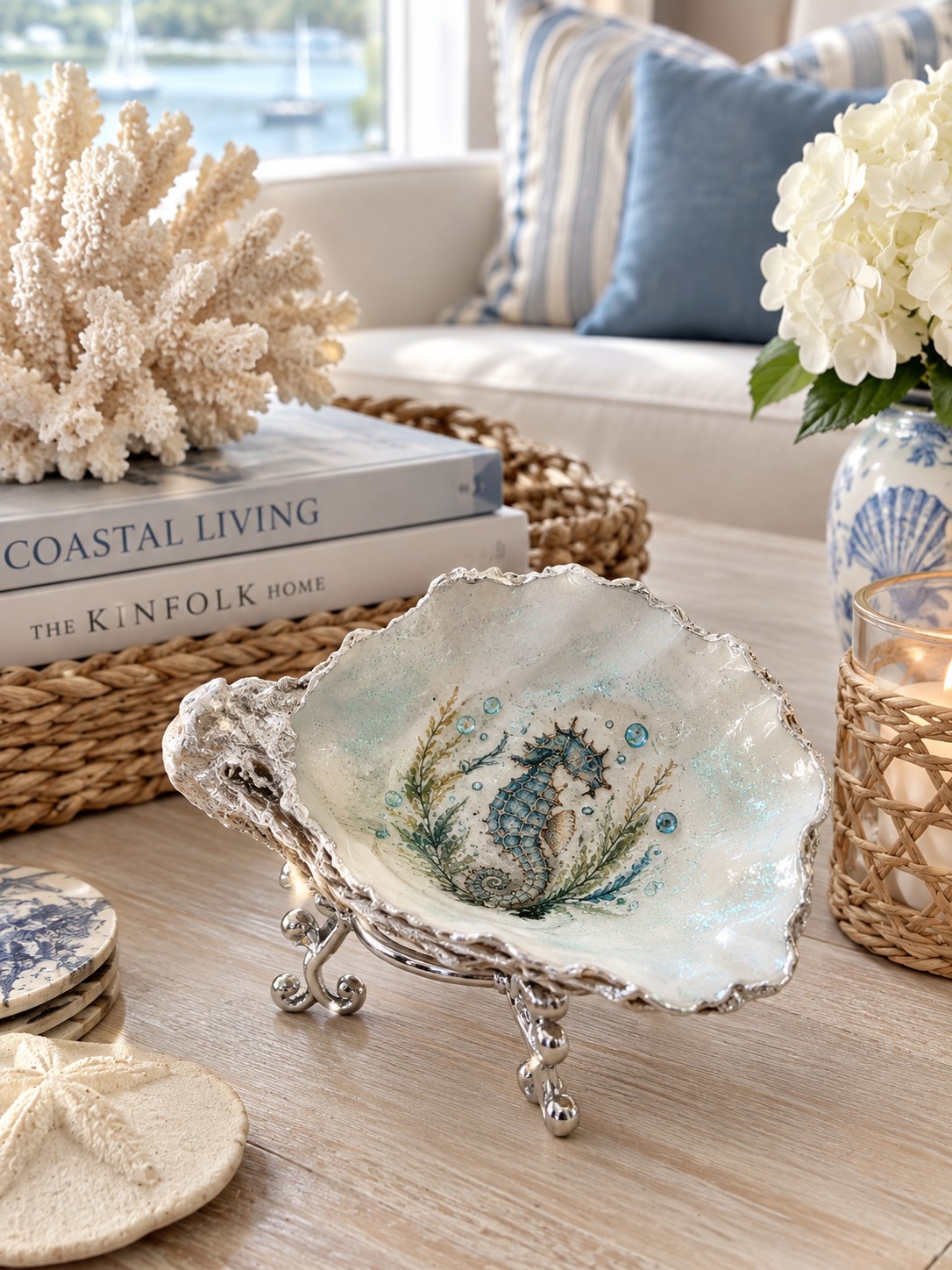 Seahorse oyster shell on a silver-toned stand in a coastal living room